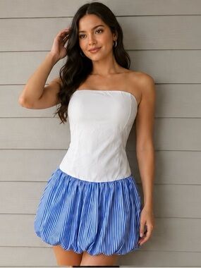 Strapless White Bodice with Blue Striped Bubble Mini Dress